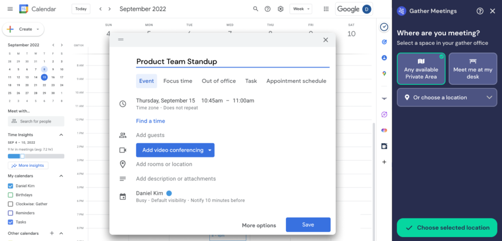 Gather Productivity Tools - Google Calendar