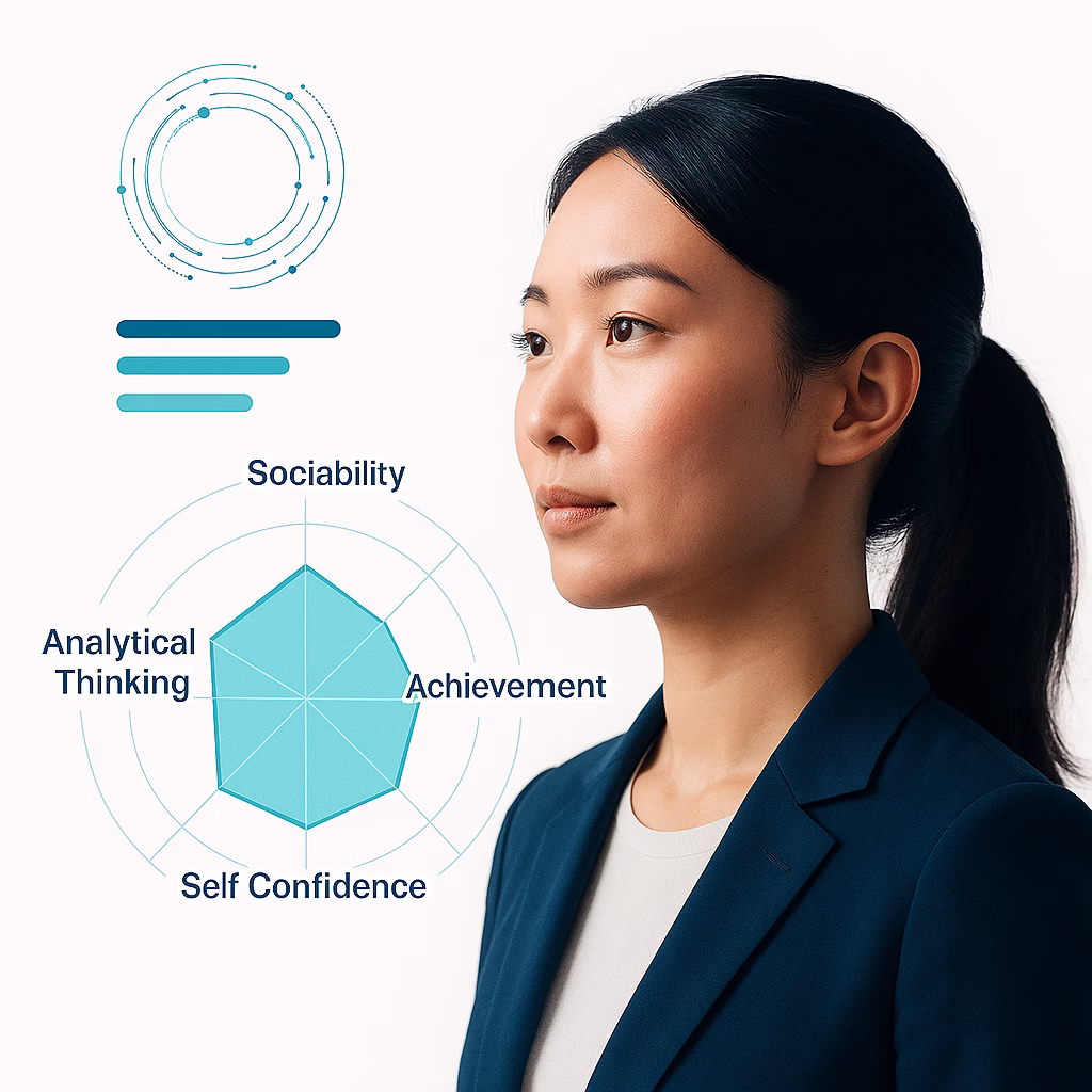 Illustration from Huma Insights showing an Asian woman with AI-powered personality assessment chart on white background