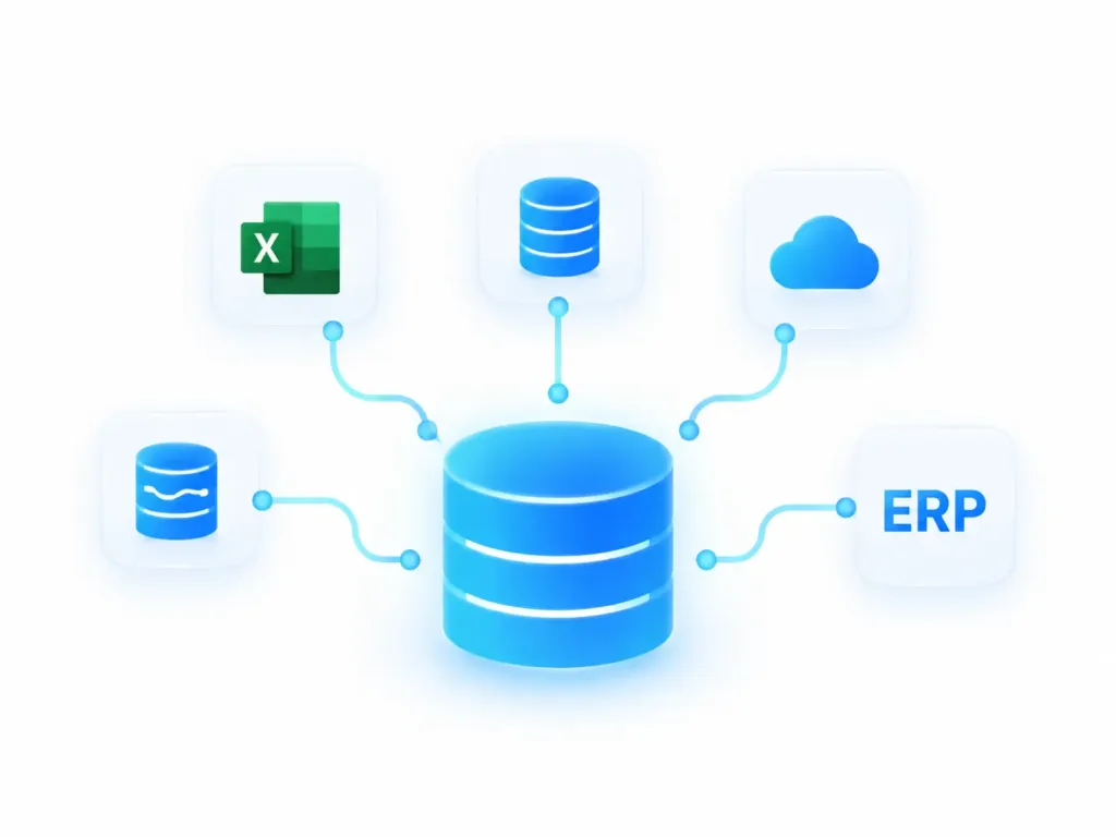 ภาพแสดงการรวบรวมและเชื่อมโยงข้อมูลจากหลายแหล่ง เช่น Excel, ERP และ Cloud เข้าสู่ฐานข้อมูลกลางเพื่อวิเคราะห์ปัญหาธุรกิจ