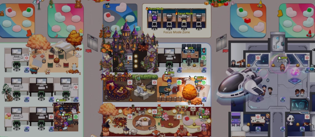 ตัวอย่าง Virtual Office มีอวตาร์ตัวละครของพนักงานอยู่ในแต่ละที่