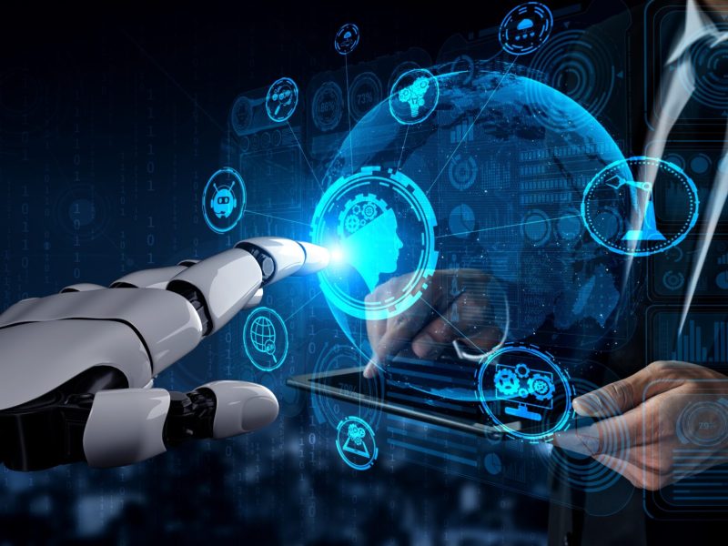 Future artificial intelligence robot and cyborg. 3D rendering artificial intelligence AI research of robot and cyborg development for future of people living. Digital data mining and machine learning technology design for computer brain.