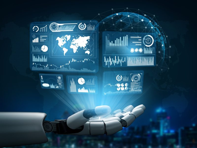 Futuristic robot artificial intelligence concept. 3D Rendering futuristic robot technology development, artificial intelligence AI, and machine learning concept. Global robotic bionic science research for future of human life.